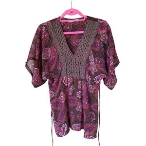 Maurices Boho Paisley‎ Crochet Trim Sheer Tunic Top Size Large